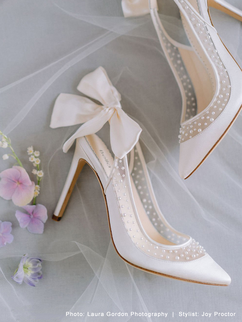 Lace Bow Wedding Shoes with Matching Lace Vamp Strap - Leila
