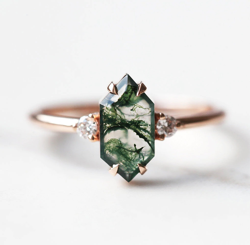 Between The Leaf Round Moss Agate Ring White Gold Vermeil© | Azura Jewelry  New York | Wolf & Badger